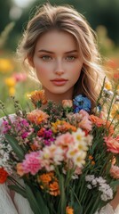 Naklejka premium Young woman holding a vibrant bouquet of wildflowers in a sunny meadow during spring