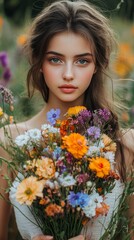 Naklejka premium Young woman holding a vibrant bouquet of wildflowers in a sunny meadow during spring