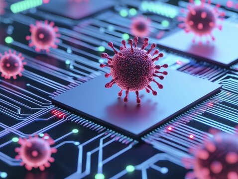 Abstract representation of nanosensors detecting pathogens, bright and colorful design elements, showcasing cutting-edge technology in health diagnostics.
