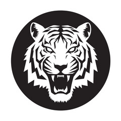 A flat silhouette of a tiger’s face inside a circular frame, emphasizing its fierce expression, black silhouette on a white background.