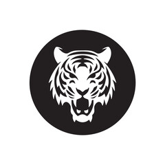 A flat silhouette of a tiger’s face inside a circular frame, emphasizing its fierce expression, black silhouette on a white background.