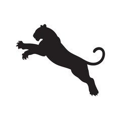 A flat silhouette of a tiger leaping mid-air, with claws extended and body stretched, black silhouette on a white background.