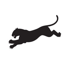 A flat silhouette of a tiger leaping mid-air, with claws extended and body stretched, black silhouette on a white background.