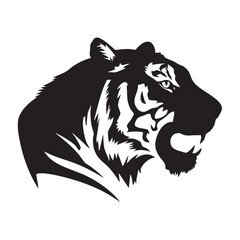A flat silhouette of a tiger’s head in profile, with distinct stripes and sharp features, black silhouette on a white background.