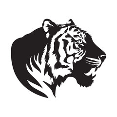A flat silhouette of a tiger’s head in profile, with distinct stripes and sharp features, black silhouette on a white background.