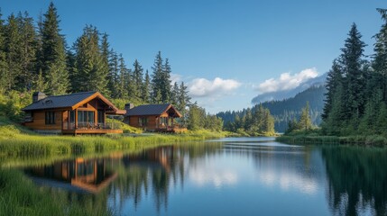 Fototapeta premium Two wooden cabins overlooking a calm lake, surrounded by dense evergreen forest, with a clear blue sky and fluffy clouds mirrored in the water's reflection.