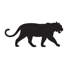 A flat silhouette of a tiger walking gracefully, with its tail curving behind, black silhouette on a white background.