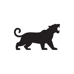 A flat silhouette of a tiger roaring with its mouth wide open, black silhouette on a white background.