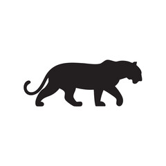 A flat silhouette of a tiger walking gracefully, with its tail curving behind, black silhouette on a white background.