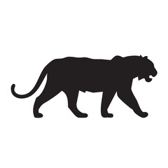 A flat silhouette of a tiger walking gracefully, with its tail curving behind, black silhouette on a white background.