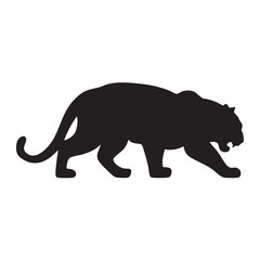 A flat silhouette of a tiger crouching low to the ground, ready to pounce, black silhouette on a white background.