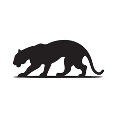 A flat silhouette of a tiger crouching low to the ground, ready to pounce, black silhouette on a white background.
