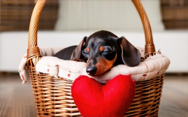 dachshund puppy sleeps in a basket, next to a red heart, love and care for a pet, Happy Valentine's Day greeting card
