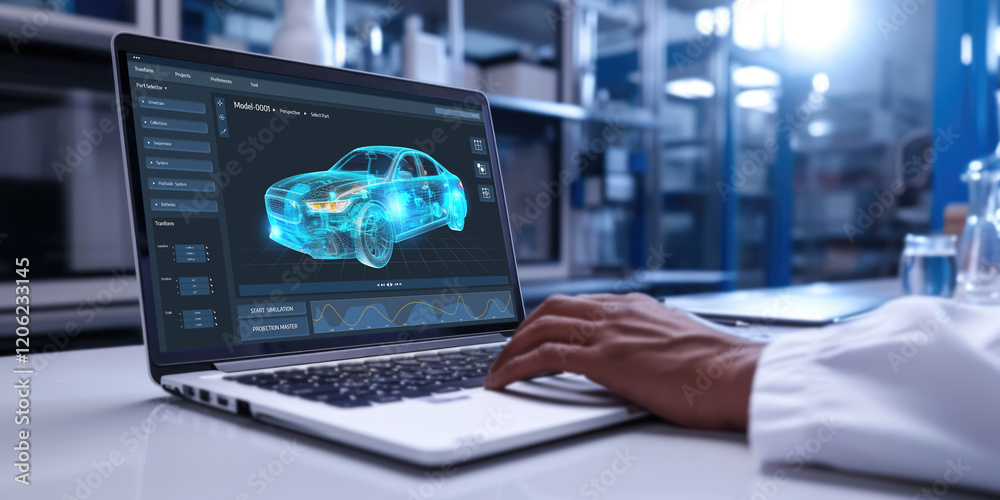 Poster electric car design software on computer screen showing simulation blueprint brisk by digital calcul
