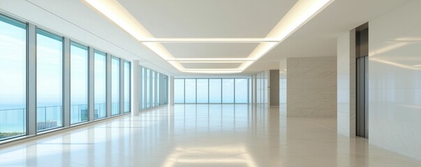 Naklejka premium Futuristic office environment with seamless tech integration and natural light