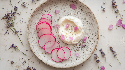 Creamy dip with radish slices and lavender garnish, served on a speckled plate.