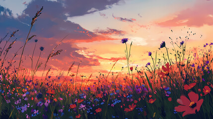A quiet meadow at twilight with wildflowers swaying gently, flowers, peace. Twilight Meadow. Illustration