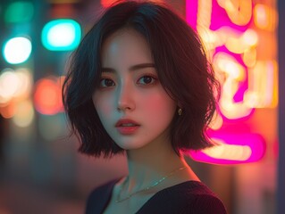 Fototapeta premium A model poses in front of a backdrop featuring glowing neon lights, radiating a modern and vibrant aesthetic that breathes life into the night with an enchanting atmosphere of color and allure