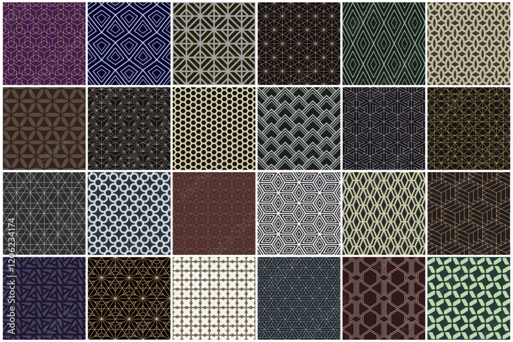 Poster Collection of seamless decorative color patterns - geometric ornamental design. Repeatable retro elegant backgrounds. Symmetry vintage endless prints