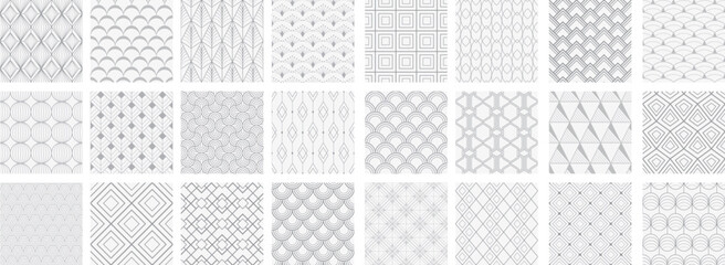 Collection of art deco seamless ornamental geometric patterns - gray design. Repeatable oriental luxury monochrome backgrounds. Decorative elegant prints