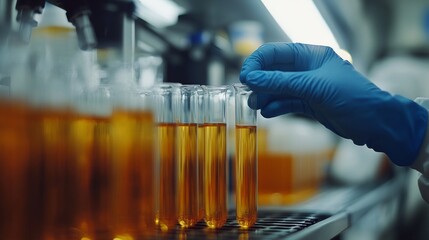A scientist in a laboratory setting carefully handles test tubes filled with vibrant orange liquid, showcasing the essence of scientific research and experimentation.