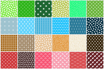 Collection of bright seamless colorful minimalistic patterns. Creative unusual textile vibrant prints. Repeatable fun trendy backgrounds. Fashion style 80-90s