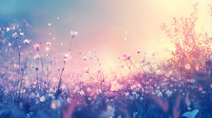 Dreamy meadow with glowing flowers, soft pastel colors, ethereal light, and a tranquil ambiance, under a twilight sky. Twilight Meadow. Illustration
