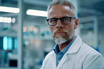 Photography of a portrait of a Denmark scientist with the laboratory in the background.