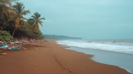 Littered Beach with Trash and Calm Ocean Waves
