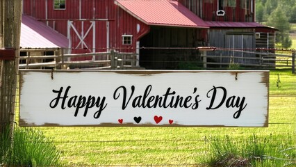 sign with the words Happy Valentine's Day on farm background, holiday trip