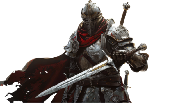 Medieval knight with sword on transparent background 