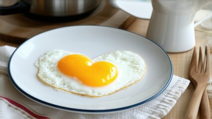Heart-shaped scrambled eggs in the kitchen in the morning, Valentine's day breakfast