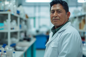 Fototapeta premium Photography of a portrait of a Mexico scientist with the laboratory in the background.