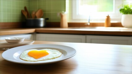 Heart-shaped scrambled eggs in the kitchen in the morning, Valentine's day breakfast
