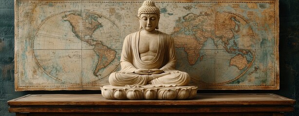 Fototapeta premium Serene Buddha Statue Against Vintage World Map