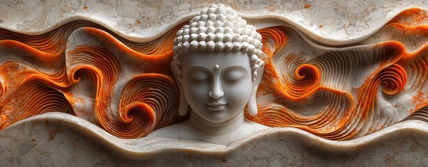 Serene Buddha Statue in Intricate Orange and White Marble Carving