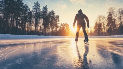 Skater Gliding on Frozen Lake at Golden Hour