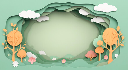Spring composition in paper cut style with white trees, clouds and flowers made by layered paper on soft green light background 