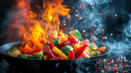 A dynamic image of colorful vegetables, including broccoli and peppers, being energetically tossed in a flaming wok, creating a captivating culinary scene.