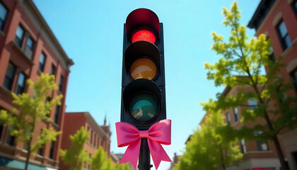 Traffic Light with Red, Yellow, and Green Lights Decorated with Pink Bow in Urban Setting