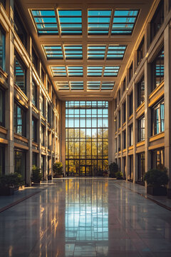 A long hallway in a large building with a skylight above it