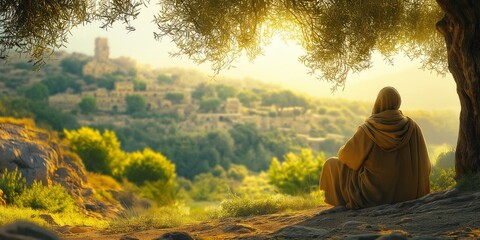 Fototapeta premium Biblical Reflection: A Man from Ancient Times Sitting Under an Olive Tree, with a City from the Same Era in the Background