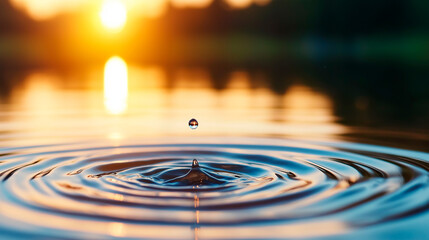 ripples on a calm lake, created by a single falling droplet, at sunset.