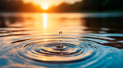 ripples on a calm lake, created by a single falling droplet, at sunset.