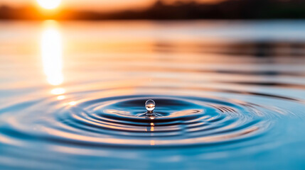ripples on a calm lake, created by a single falling droplet, at sunset.