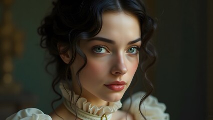 Fototapeta premium A close-up portrait of a fair-skinned woman with dark, wavy hair, and green eyes.