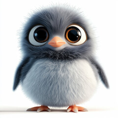Fototapeta premium 3D-style penguin chick clipart with big expressive eyes, a fluffy gray belly, and a happy pose, isolated on a white background