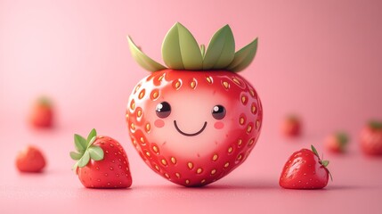 A cheerful animated strawberry with a smiling face is featured among other strawberries on a pink background, conveying a sense of fun and playfulness in fruit art.