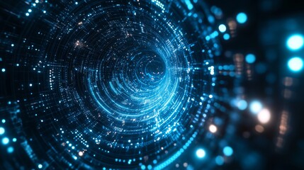 Fototapeta premium An abstract digital rendering depicting a tunnel made of blue lights and circuit patterns, representing technology, progress, connectivity, and the digital age's endless possibilities.