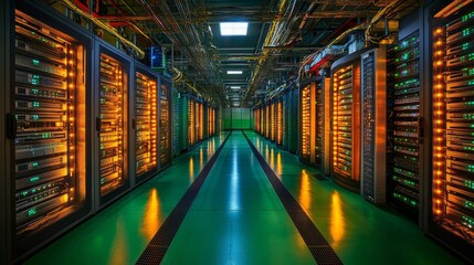 This image shows a massive data center filled with glowing server racks and a complex network of colorful wires, illustrating technology's intricate infrastructure.